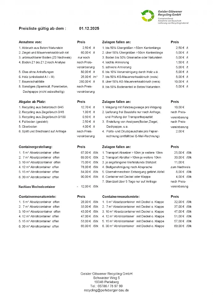 Preisliste herunterladen